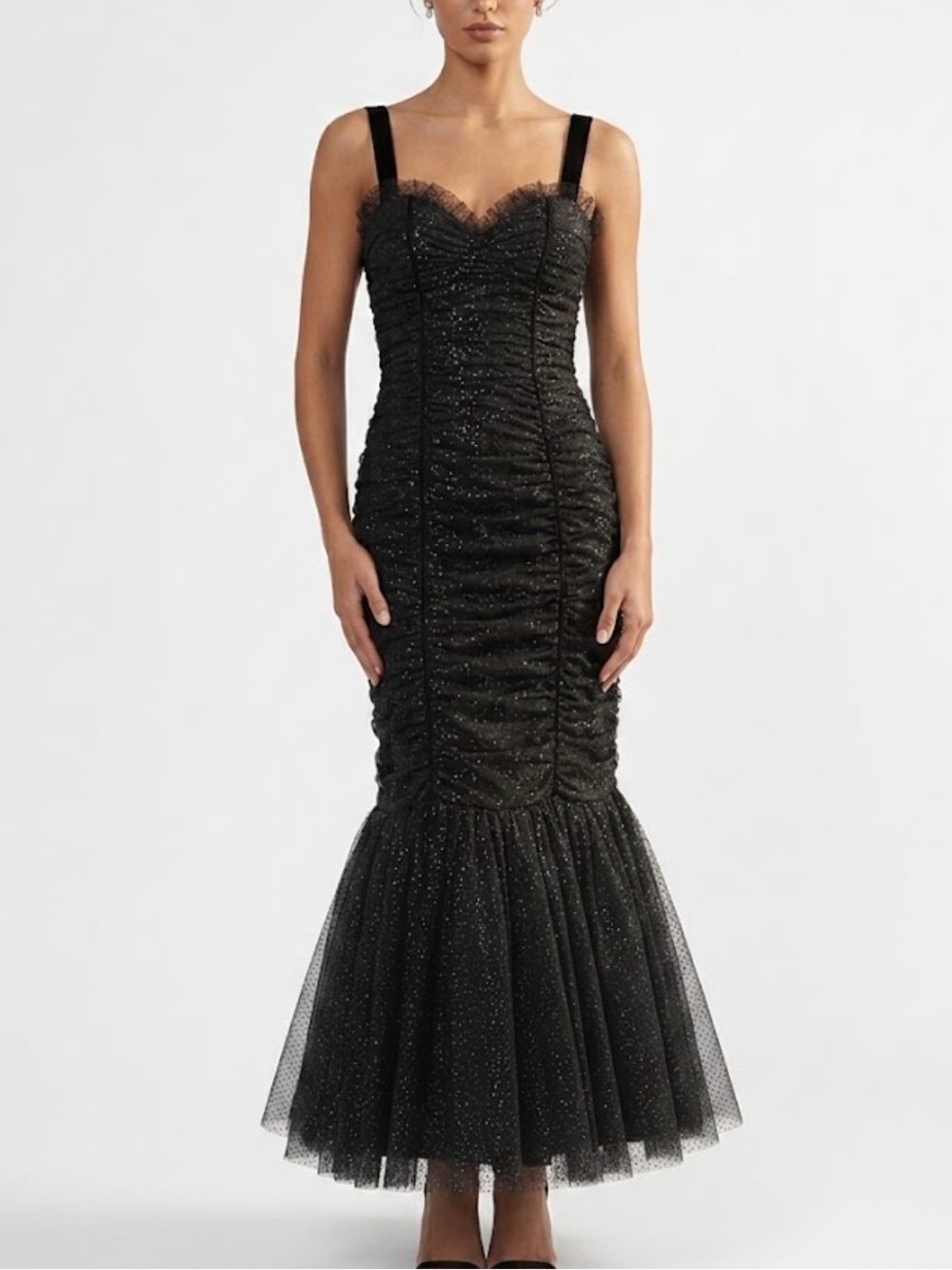 Marchesa Notte Black Glitter Tulle Ruched Mermaid Maxi Dress